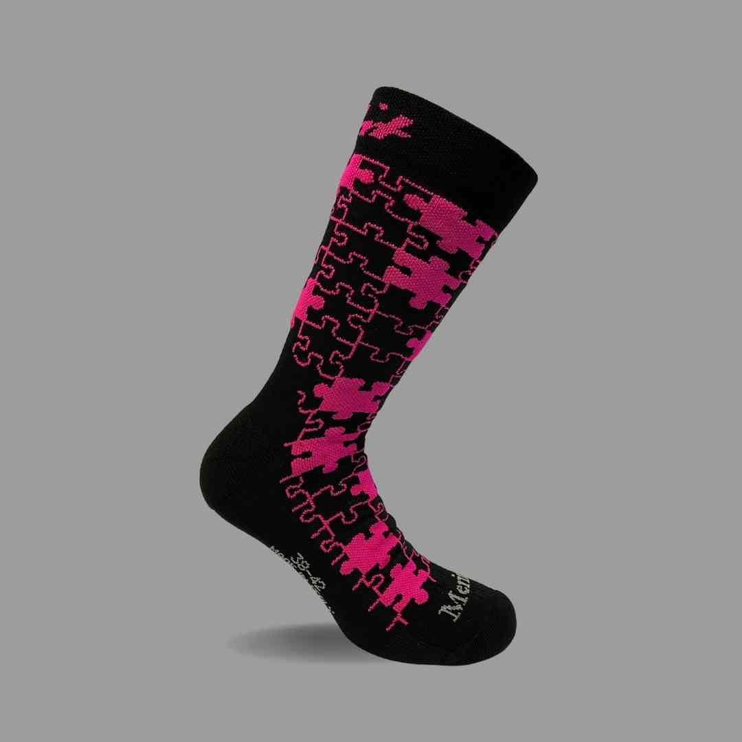 Merino Wool Winter Socks - Puzzle - Black/Pink