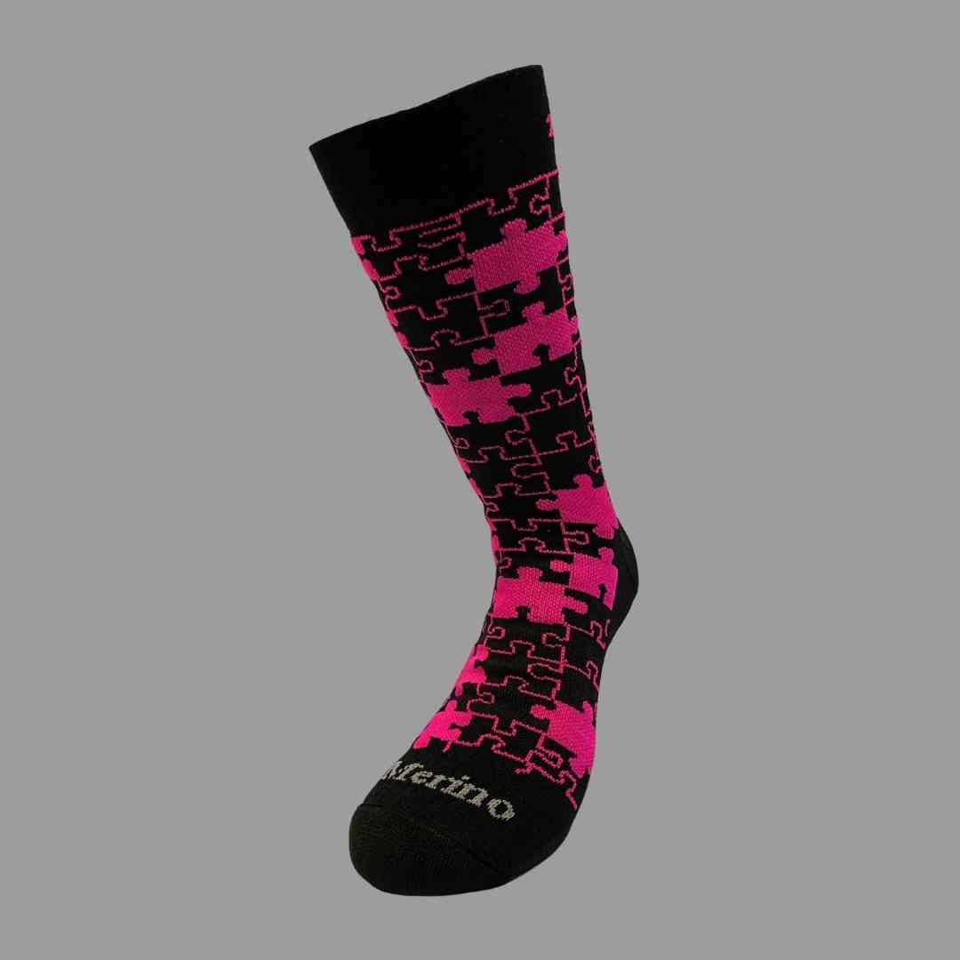 Merino Wool Winter Socks - Puzzle - Black/Pink